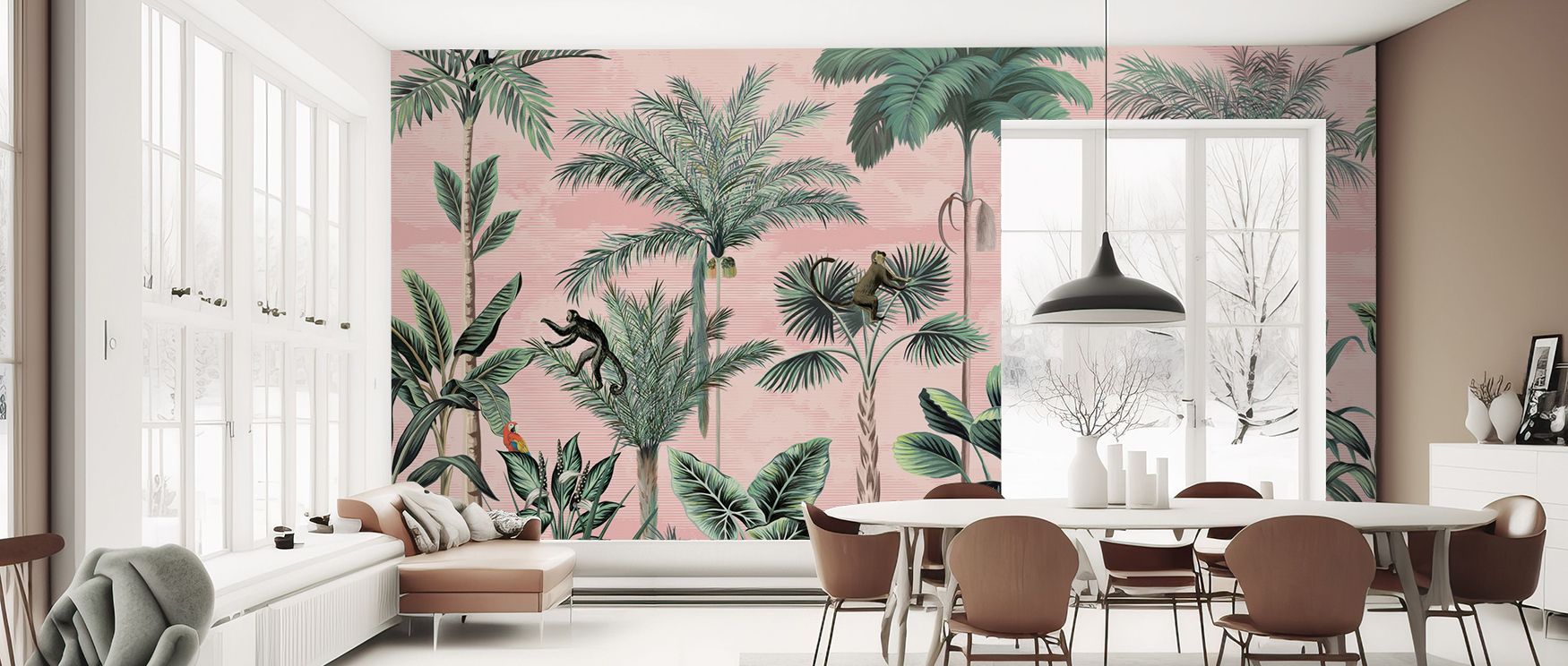 Jungle Delight celebrates tropical vitality softened by elegance. Its combination of peach, foliage, and wildlife enriches interiors, creating sanctuaries of balance, charm, and daily inspiration.