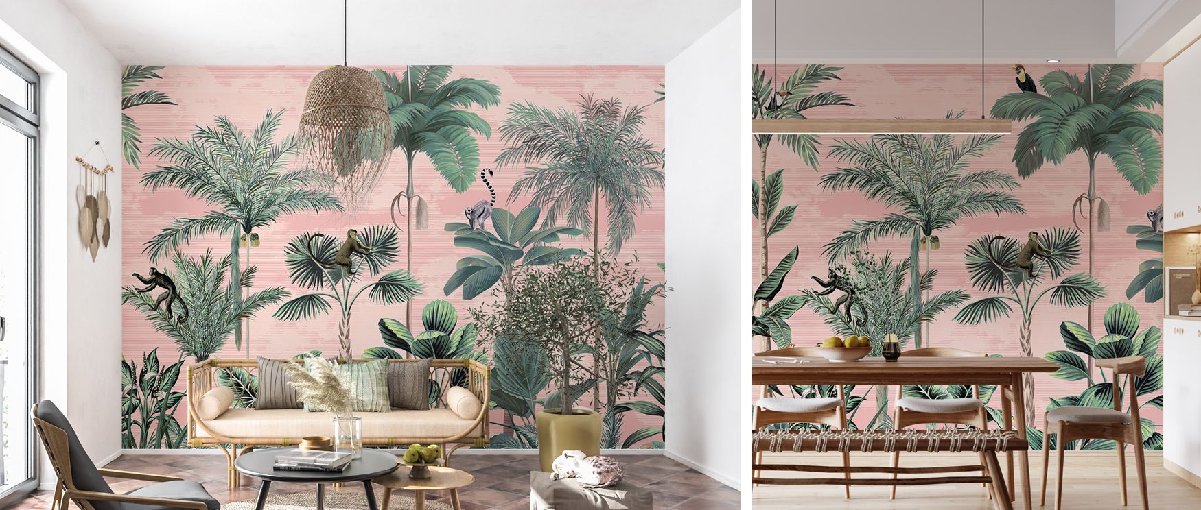 A peach forest scene balances lush trees with playful wildlife, enriching interiors with rhythm and charm. Monkeys, parrots, and flamingos animate walls, making nurseries, bedrooms, or creative spaces immersive sanctuaries filled with curiosity and joy. 