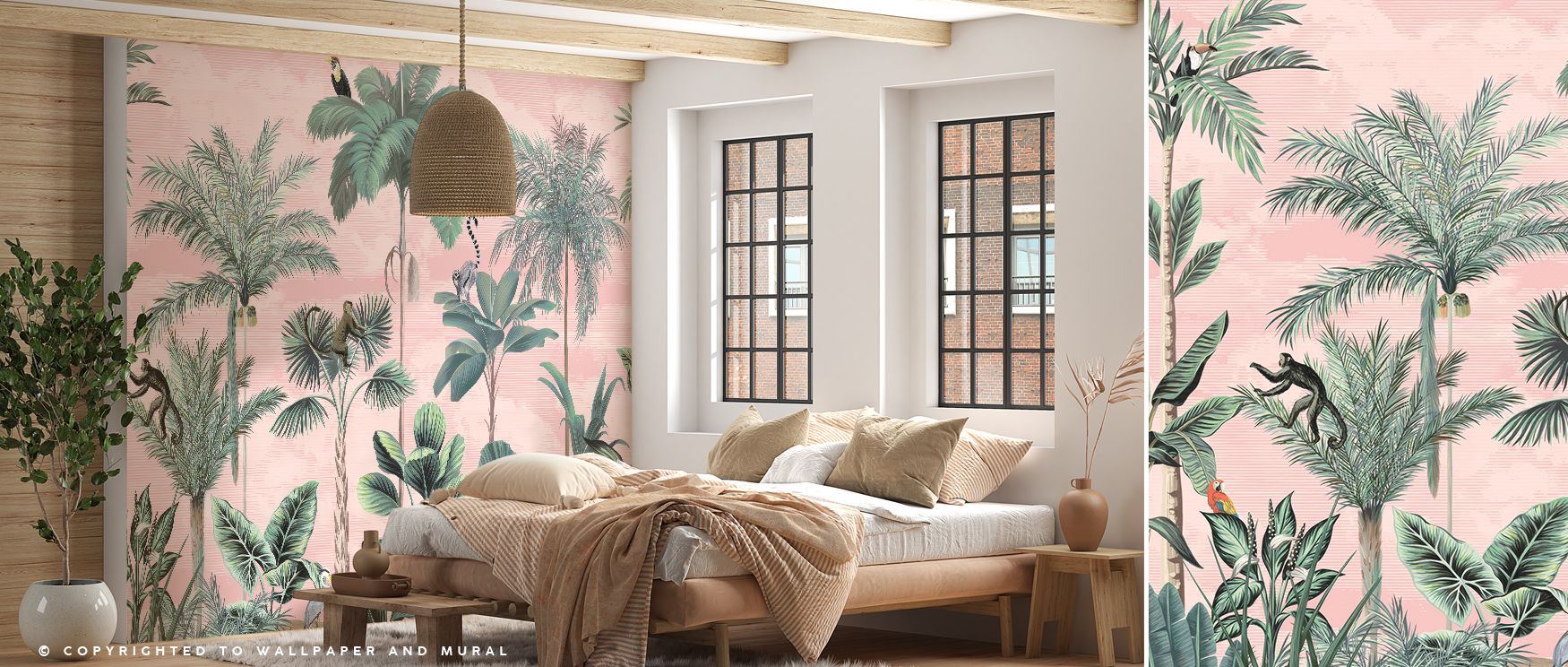 The mural layers playful monkeys and birds into tropical foliage, ensuring interiors remain vibrant but composed. Its peach backdrop grounds spaces in calm, making bedrooms, living areas, or nurseries refined yet imaginative environments. 