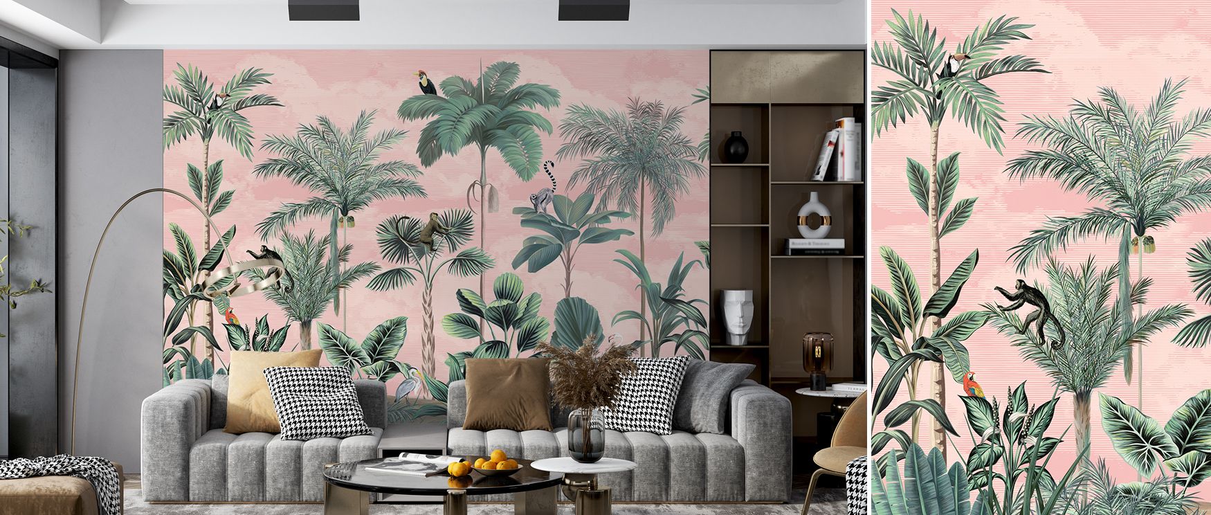 The peach palette offers softness while foliage and animals provide energy. This balance enriches nurseries, bedrooms, or family rooms with imaginative charm, creating playful yet elegant sanctuaries rooted in tropical inspiration. 