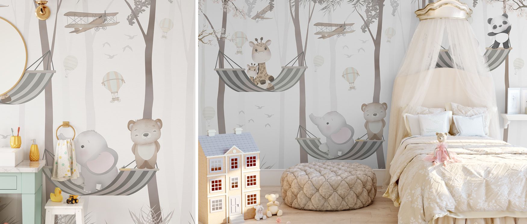 Trees rise gracefully while the hammock creates a focal point of whimsy. Animals animate the scene with charm, making interiors engaging yet restful. Perfect for nurseries or creative playrooms, the mural enriches walls with imaginative artistry. 