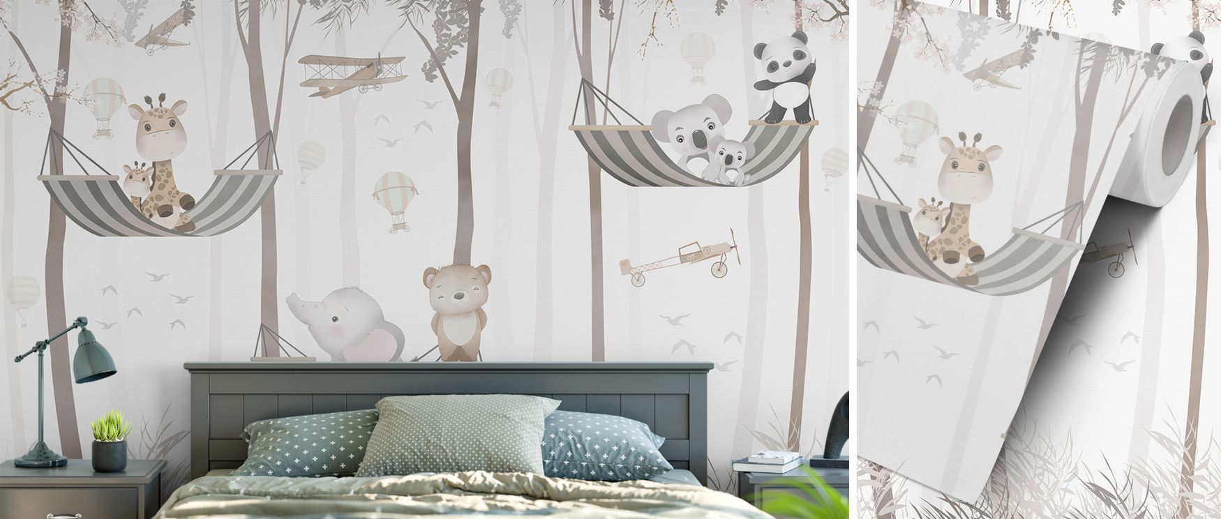 Hammock Swing balances serenity with playfulness. Trees ground the composition, the hammock adds whimsy, and animals bring liveliness. This mural suits nurseries, bedrooms, or play spaces, making interiors safe, joyful, and imaginative. 