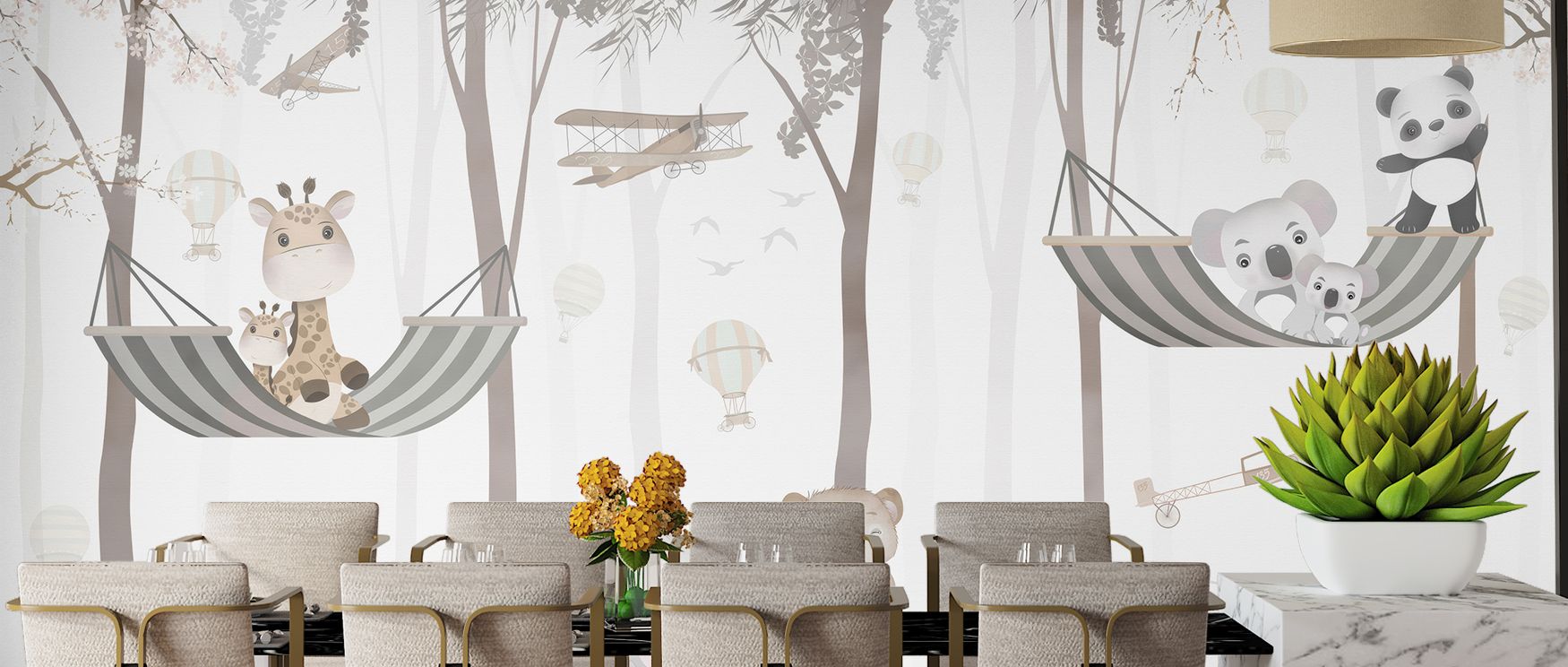 The mural celebrates creativity and calm. Its hammock swing, giraffe, elephant, and bears enrich interiors, making children’s rooms feel safe, joyful, and imaginative daily retreats.