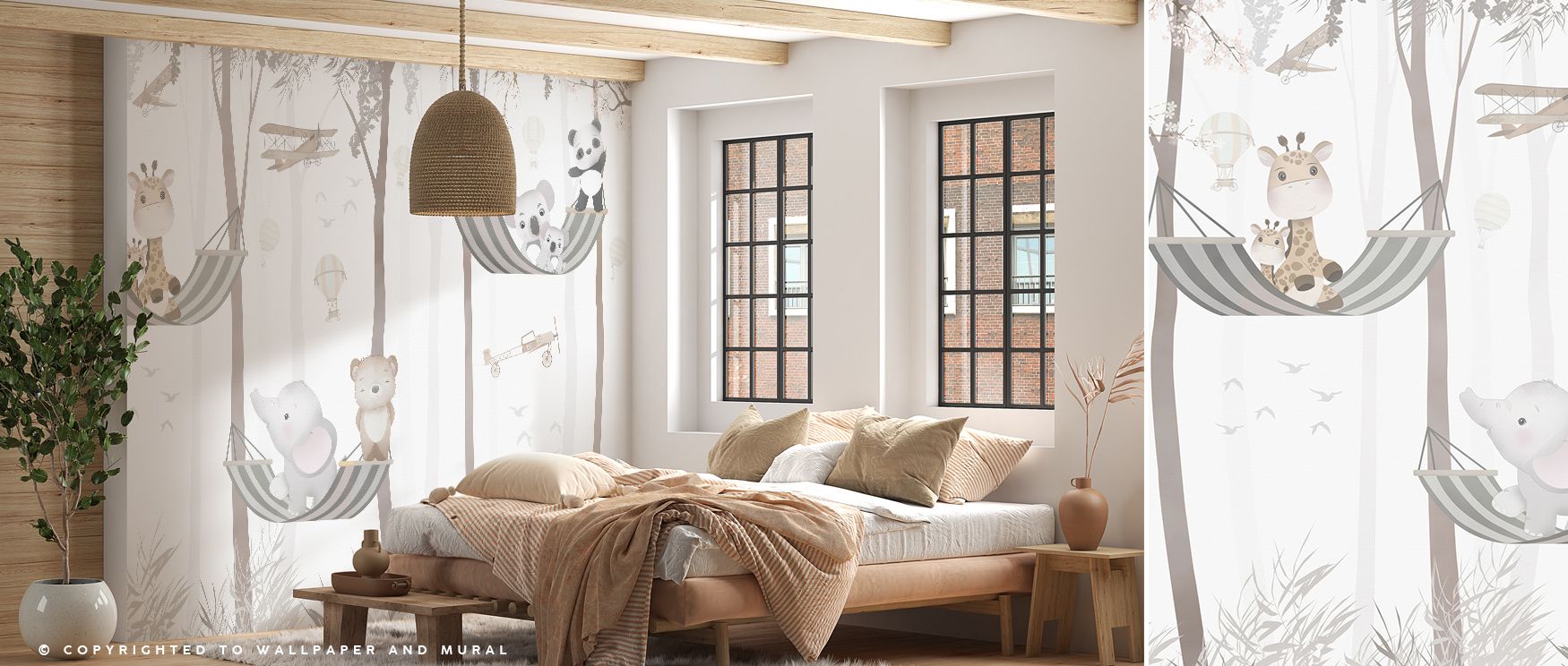 The mural blends whimsical hammocks with animals in rhythm. A giraffe, bears, and elephant animate walls, creating interiors filled with calm and joy. Nurseries and playrooms gain imaginative energy and decorative artistry. 