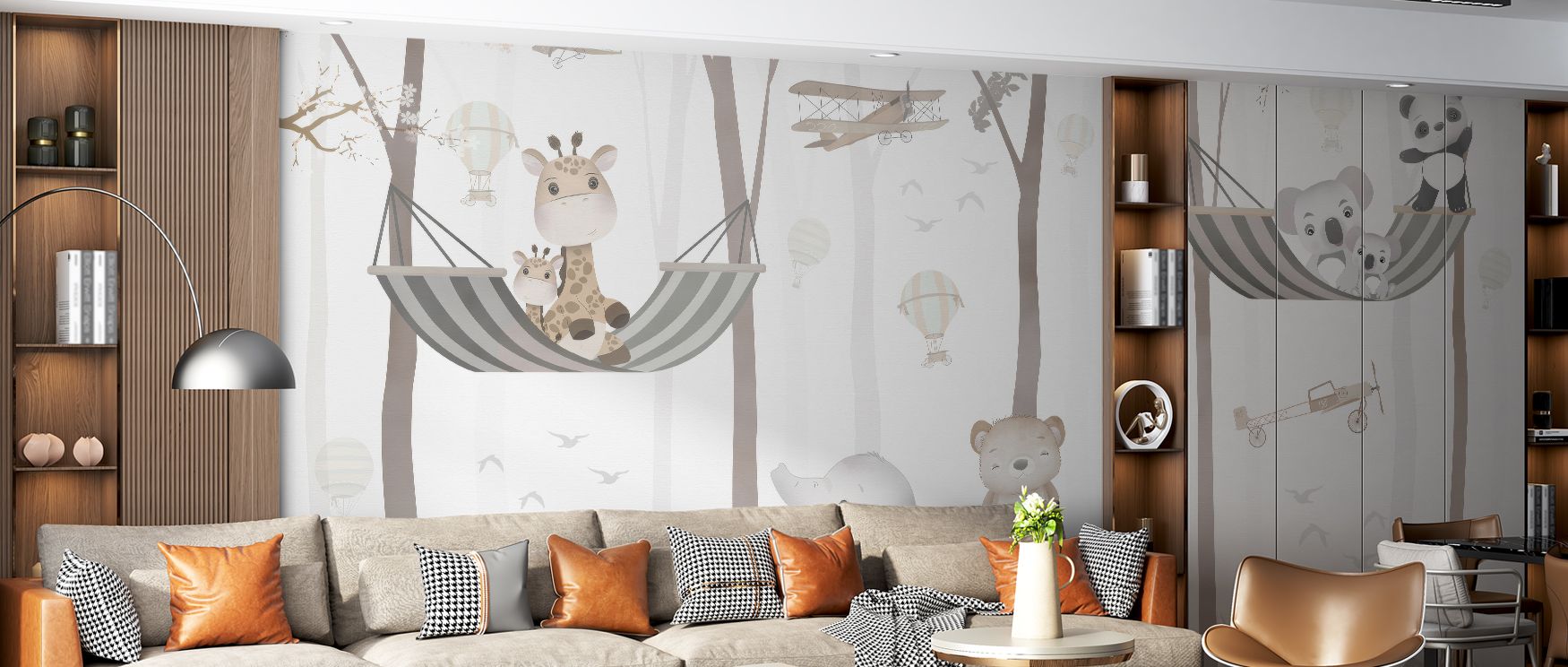 Whimsical charm radiates through this mural. Trees, hammocks, and animals enrich nurseries and family spaces with imaginative storytelling, making interiors playful and calming. Perfect for children’s daily spaces. 