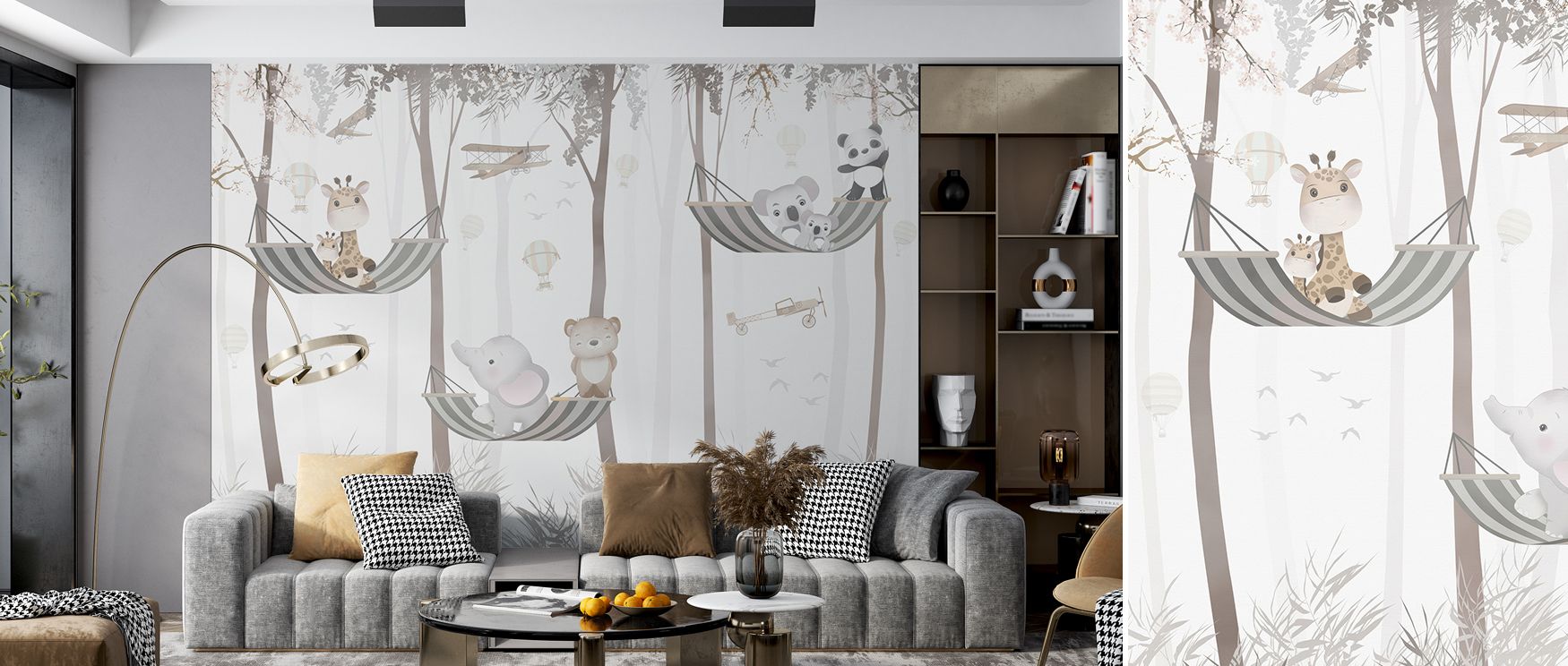 Hammock Swing balances forest calm with whimsical charm. Its imagery enriches interiors, turning nurseries or family areas into imaginative sanctuaries where playfulness and serenity coexist beautifully. 