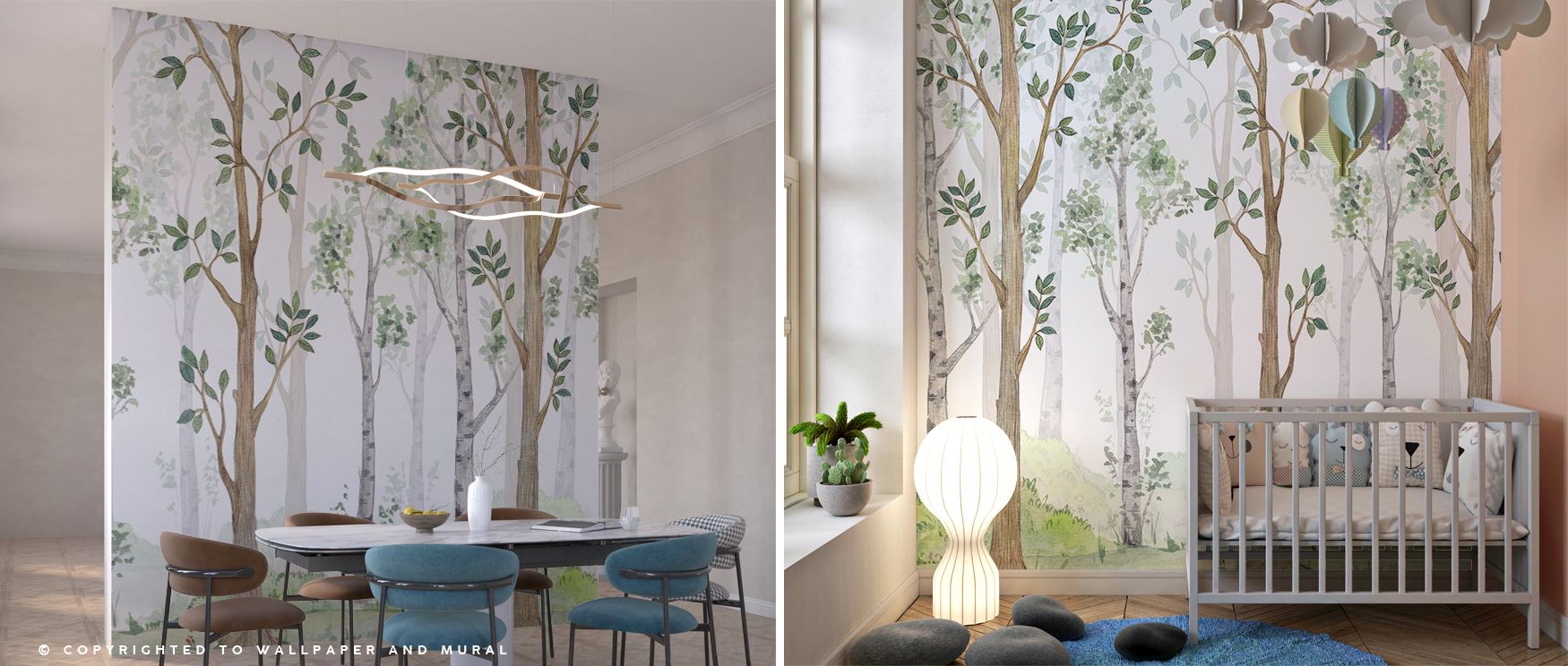 Trees rise skyward in soft cadence, grounding interiors with charm. Forest Scenery enriches bedrooms, studies, or dining areas, creating timeless woodland retreats filled with composure, artistry, and elegance. 