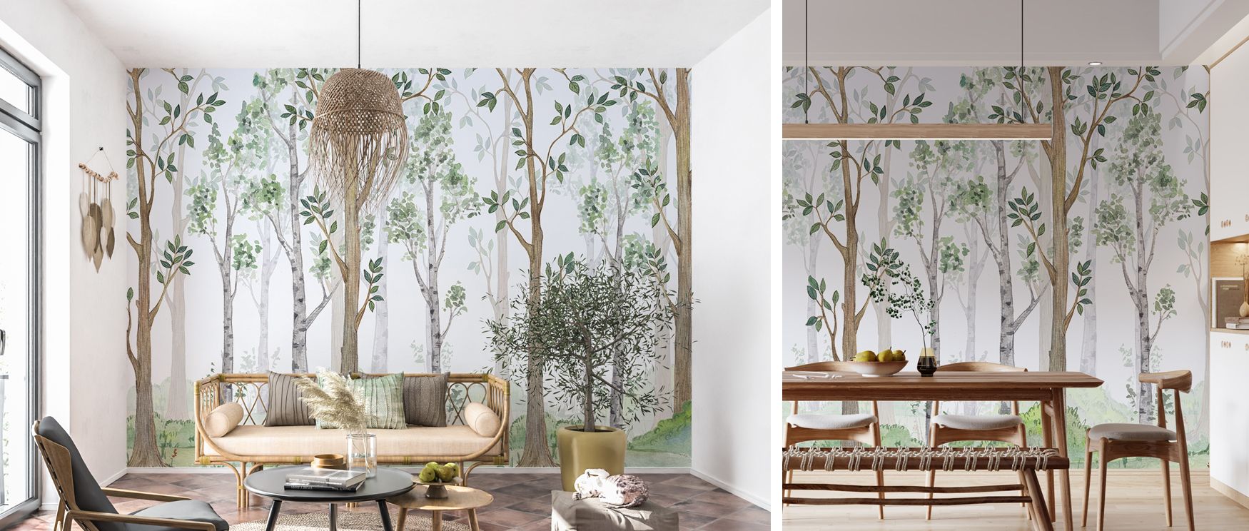 The mural blends lush greenery with towering trees, transforming interiors into calm sanctuaries. Bedrooms or living rooms feel enriched with balance and rhythm, creating poetic retreats filled with woodland charm. 