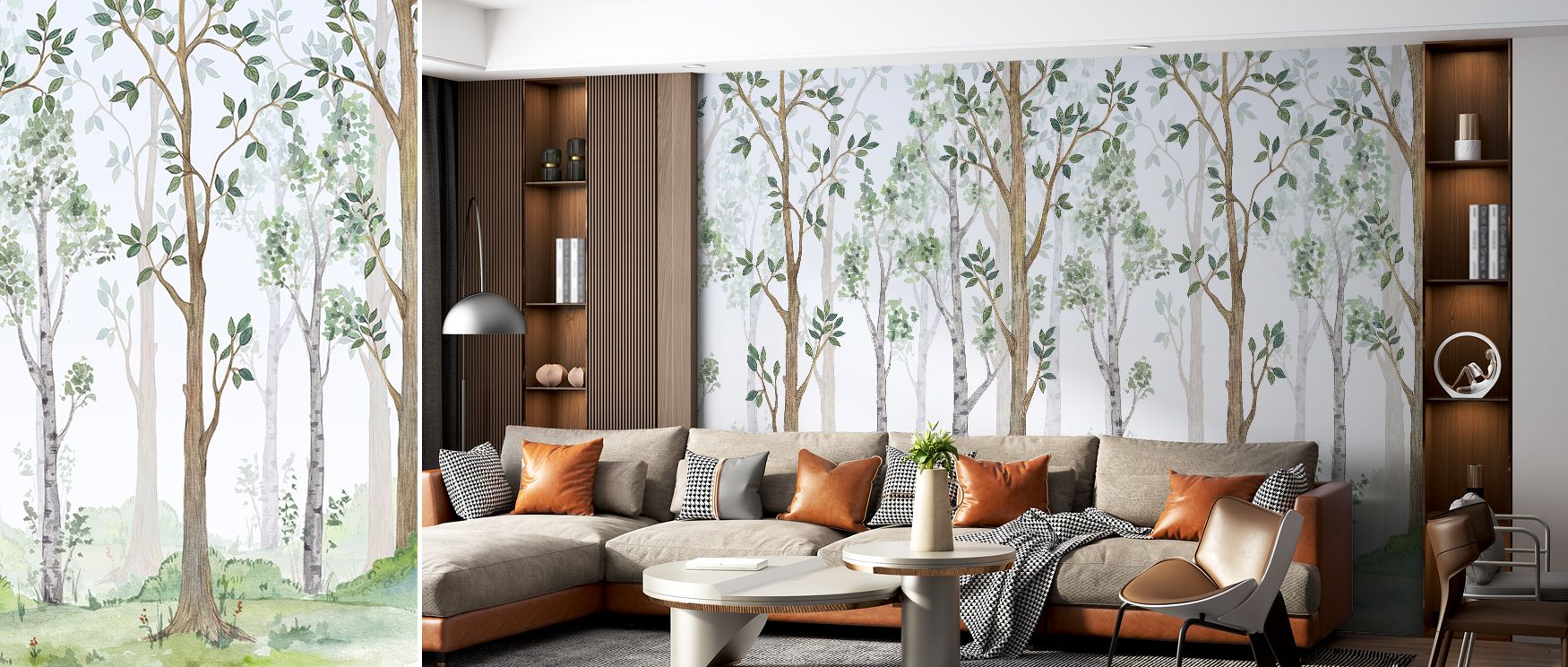 The mural radiates composure, layering trees and foliage into rhythmic calm. Bedrooms, living rooms, or dining areas gain serenity, charm, and natural elegance, creating woodland sanctuaries where interiors thrive daily. 