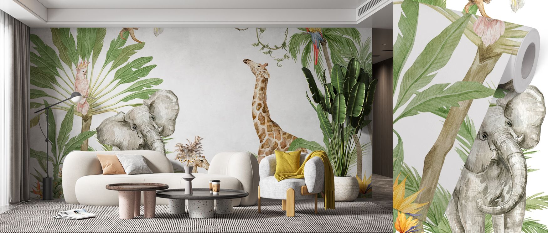 Elephants stride with calm grace while giraffes rise tall, monkeys provide playful charm, and parrots scatter brilliance. This mural makes nurseries imaginative landscapes filled with energy and joy, enriching interiors with whimsical artistry. 