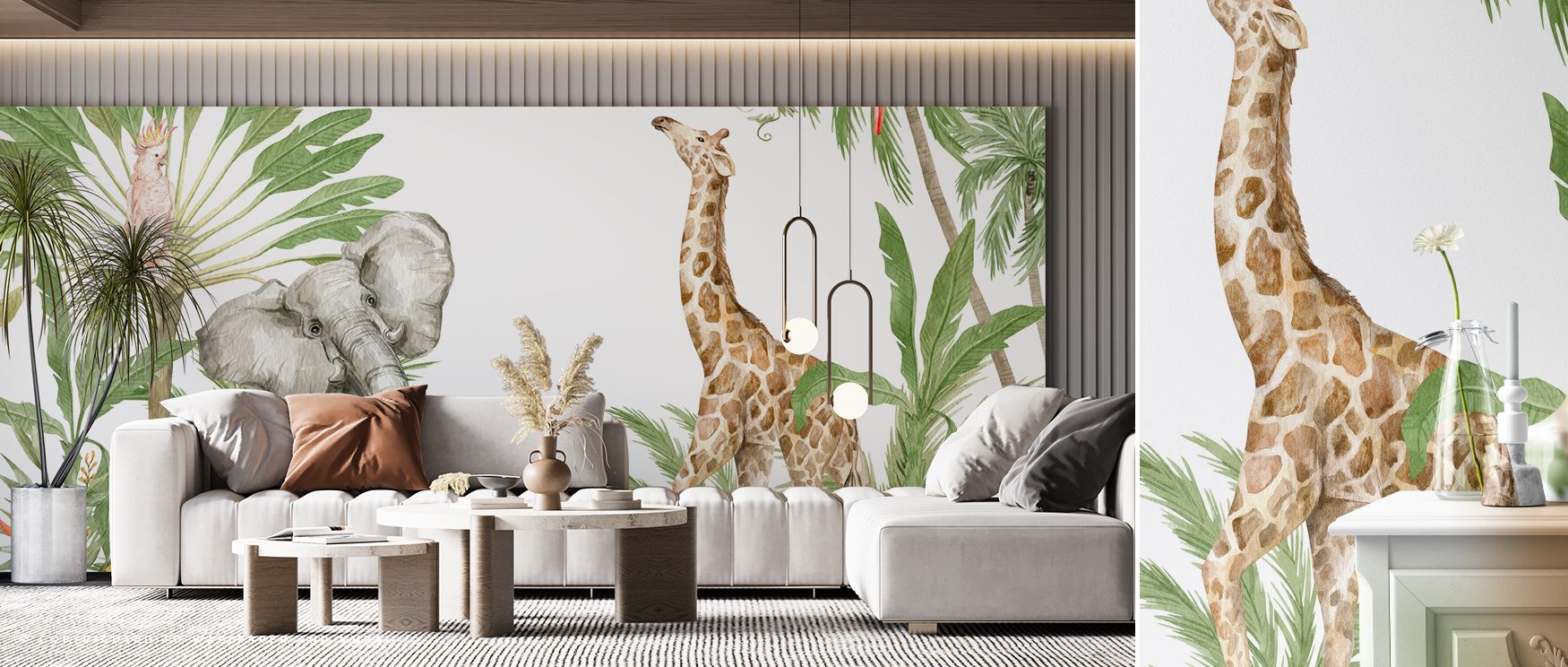 The mural blends forest calm with animated charm, making interiors playful sanctuaries. Giraffes, elephants, monkeys, and parrots enliven walls, creating balanced storytelling backdrops for nurseries, bedrooms, or playrooms. 