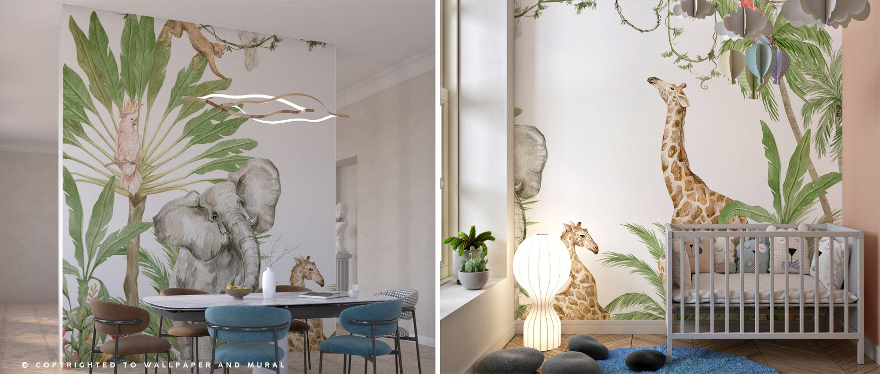 Jungle Friends creates whimsical rhythm with animals and trees, transforming interiors into lively sanctuaries filled with charm. Nurseries and children’s bedrooms become immersive retreats where imagination and play thrive daily. 
