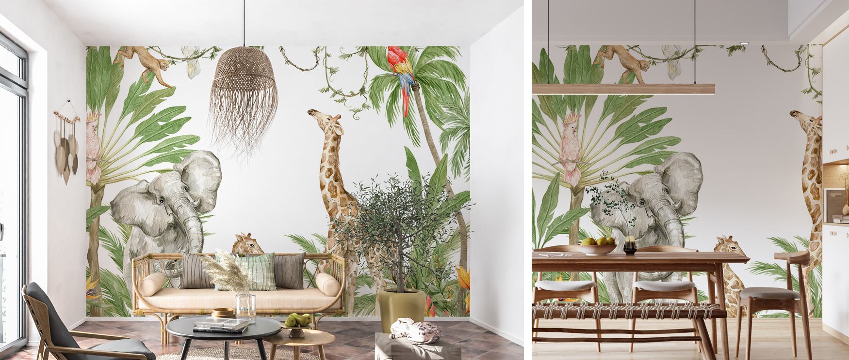 The mural radiates curiosity and charm, layering elephants, giraffes, monkeys, and parrots into forest rhythm. Interiors become engaging and joyful sanctuaries, perfect for nurseries or playful family rooms. 