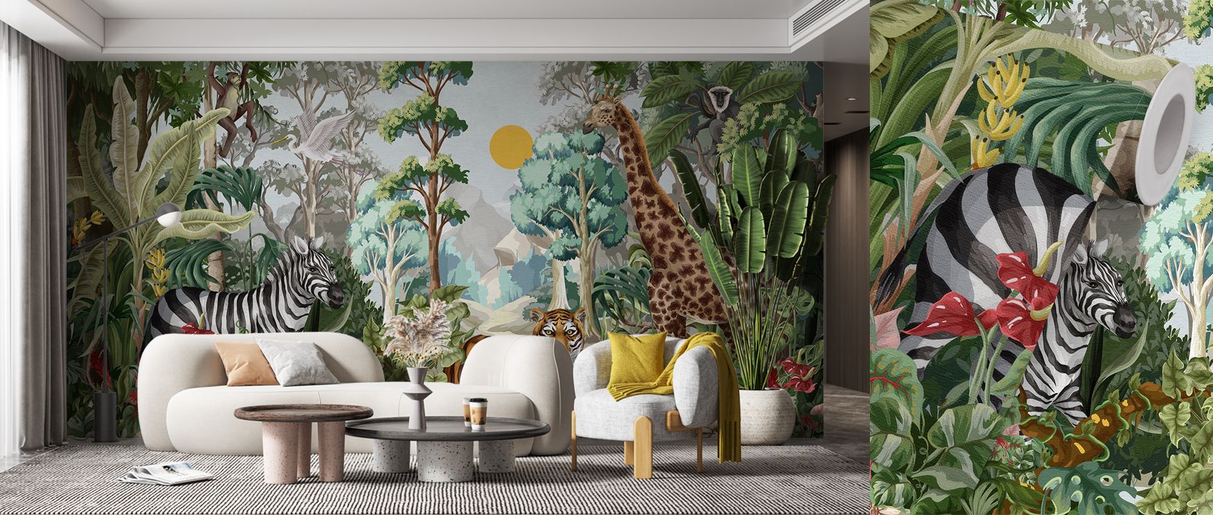 Eden Play creates playful rhythm through giraffes, monkeys, zebras, and tigers. Its imagery enriches nurseries and children’s bedrooms with imagination, turning walls into jungle adventures filled with decorative artistry. 