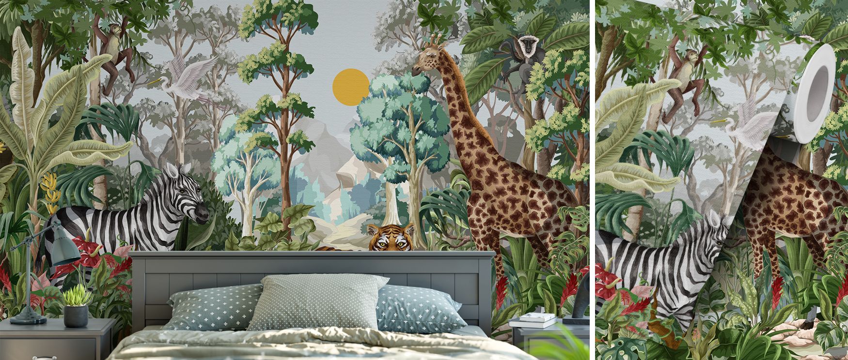The mural blends adventurous rhythm with decorative balance, making interiors imaginative retreats. Its wildlife cast animates walls, enriching nurseries, family areas, or bedrooms with charm, curiosity, and energy. 