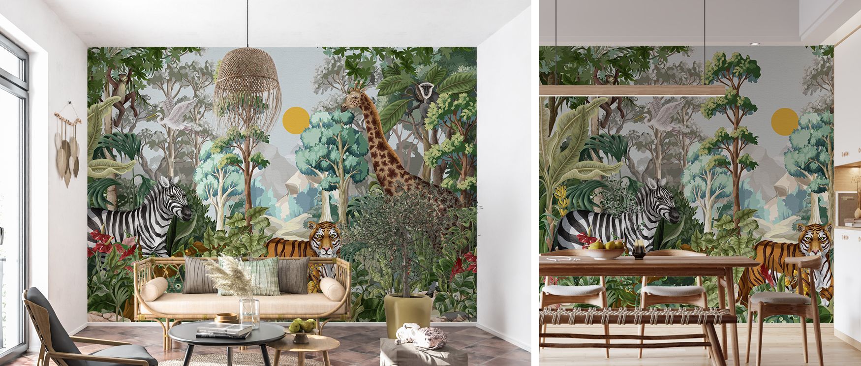 The mural balances calm greenery with animal vitality, enriching interiors with rhythm and charm. Nurseries, bedrooms, or family spaces thrive under its imaginative narrative and decorative balance. 