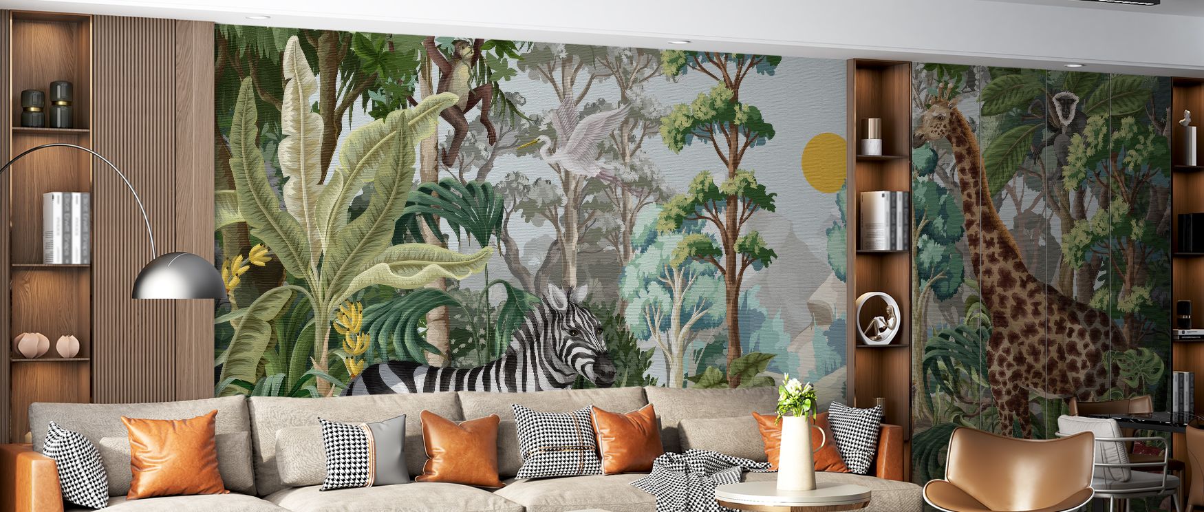 The mural transforms walls into imaginative landscapes. Giraffes rise, monkeys swing, zebras graze, and a tiger prowls, enriching interiors with balance and narrative charm, perfect for nurseries or playful bedrooms. 