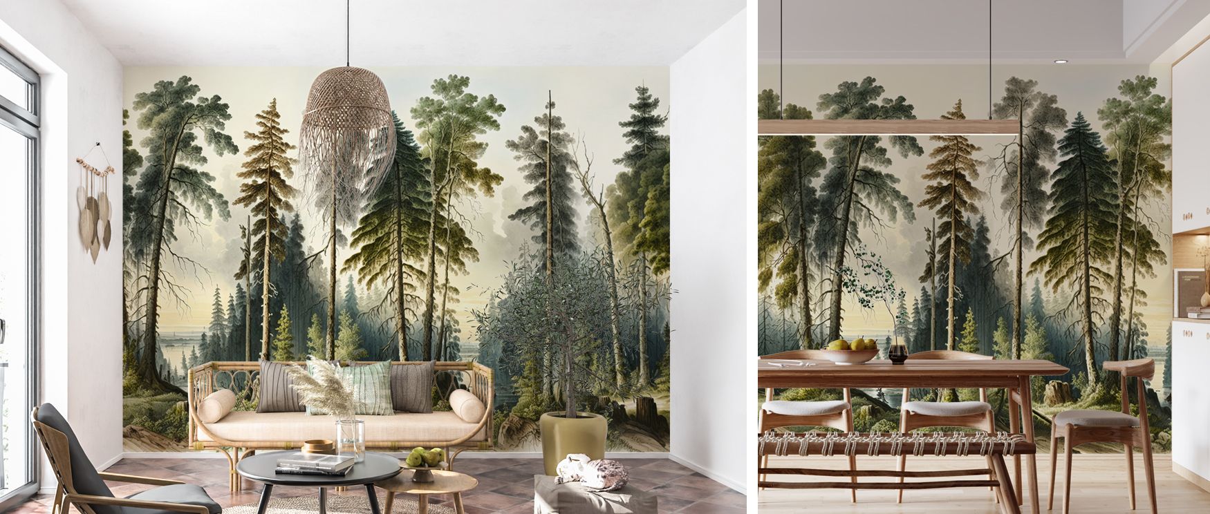 Towering trees dominate the mural with grace, enriching interiors with woodland charm. Bedrooms, family rooms, and dining areas become immersive retreats, filled with serenity, balance, and timeless natural artistry that nurtures daily calm. 