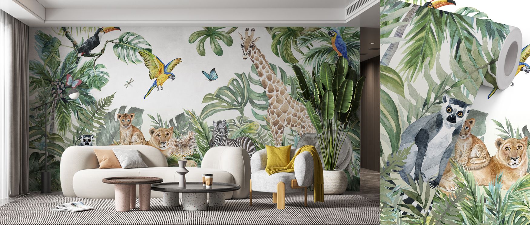 Elephants move steadily while giraffes reach skyward. Parrots scatter brilliance across trees while lions add drama and zebras graze in rhythm. Butterflies enrich the mural with softness, creating imaginative interiors. Perfect for nurseries, family space