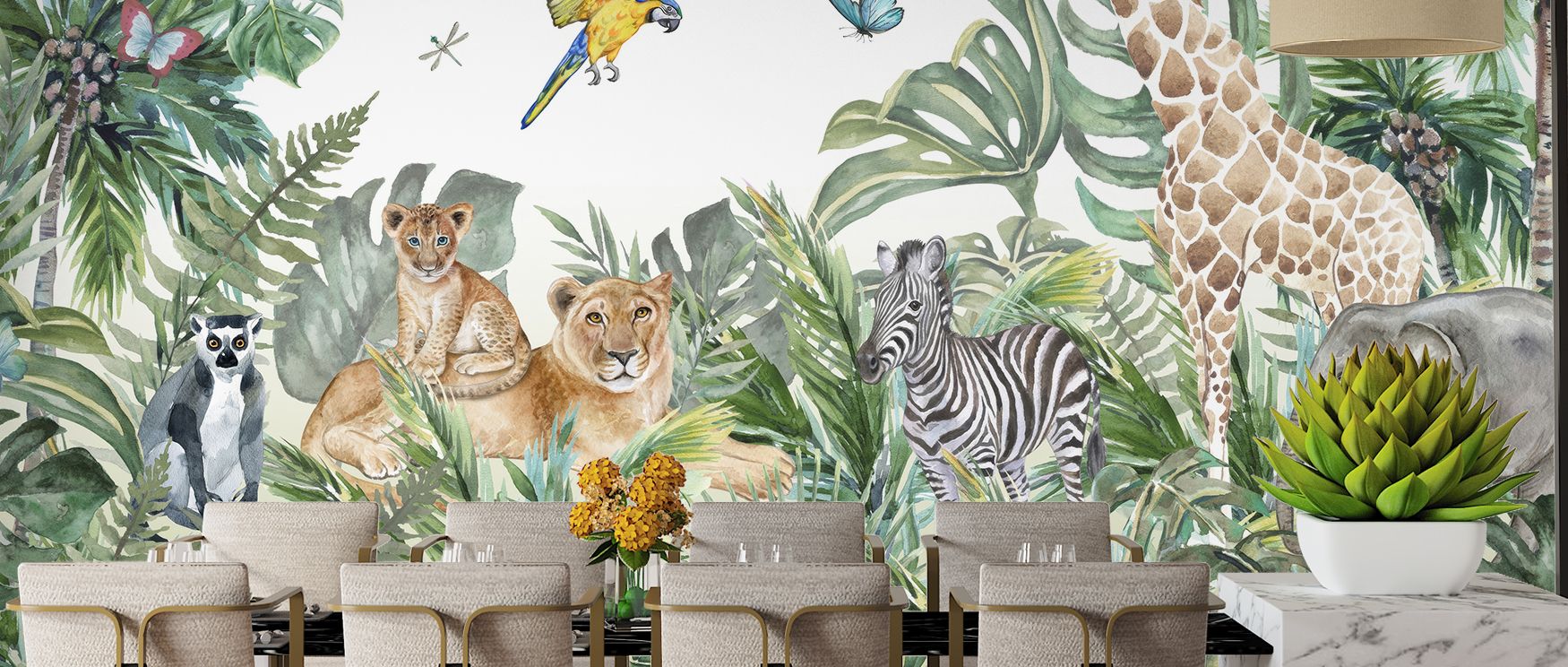 Ark Friends celebrates the wonder of the jungle, blending animals, butterflies, and trees into a lively mural. Its imagery enriches interiors with rhythm and charm, transforming children’s rooms into playful sanctuaries.