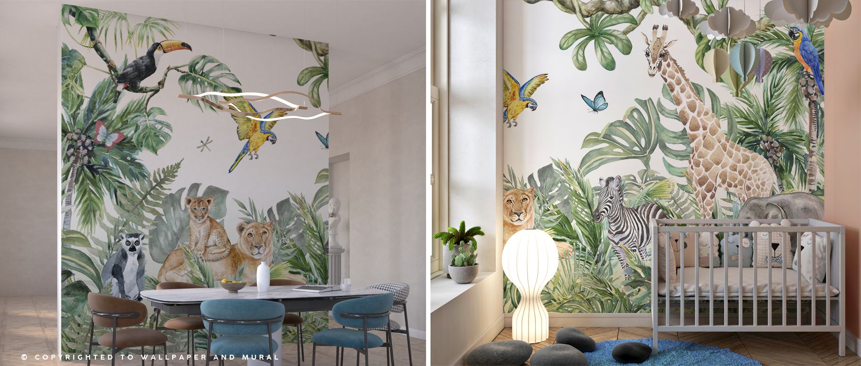 The mural layers trees and animals into playful cadence. Lions, giraffes, elephants, zebras, and parrots animate walls with charm, creating imaginative sanctuaries where children’s curiosity and creativity flourish daily. 
