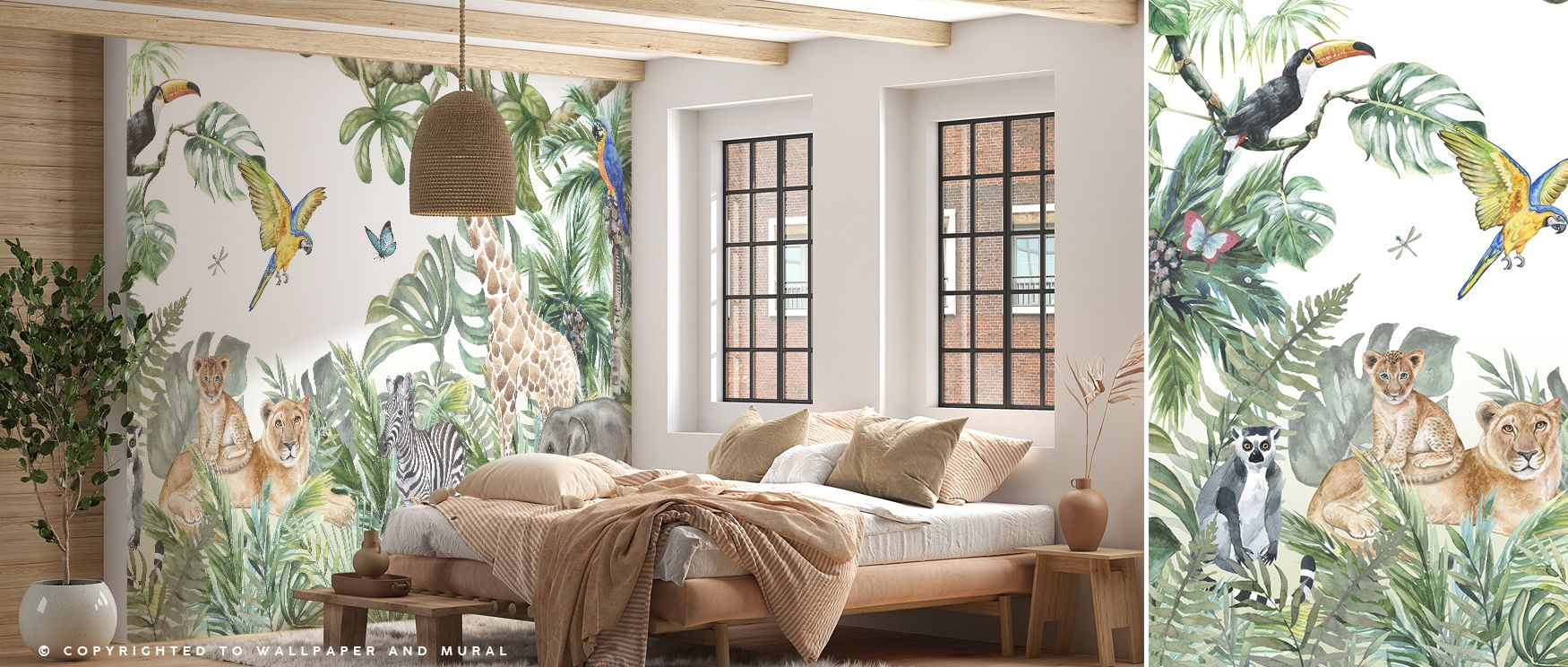 The mural transforms interiors into daily adventures where animals become part of stories. Elephants, giraffes, parrots, lions, and zebras bring rhythm while butterflies add grace. This design makes nurseries playful retreats filled with curiosity. 