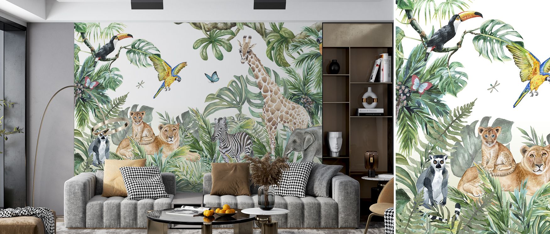 The mural radiates joy through playful animals and balanced greenery. Interiors feel lively and calm at once, making nurseries or bedrooms immersive retreats where imagination thrives. 