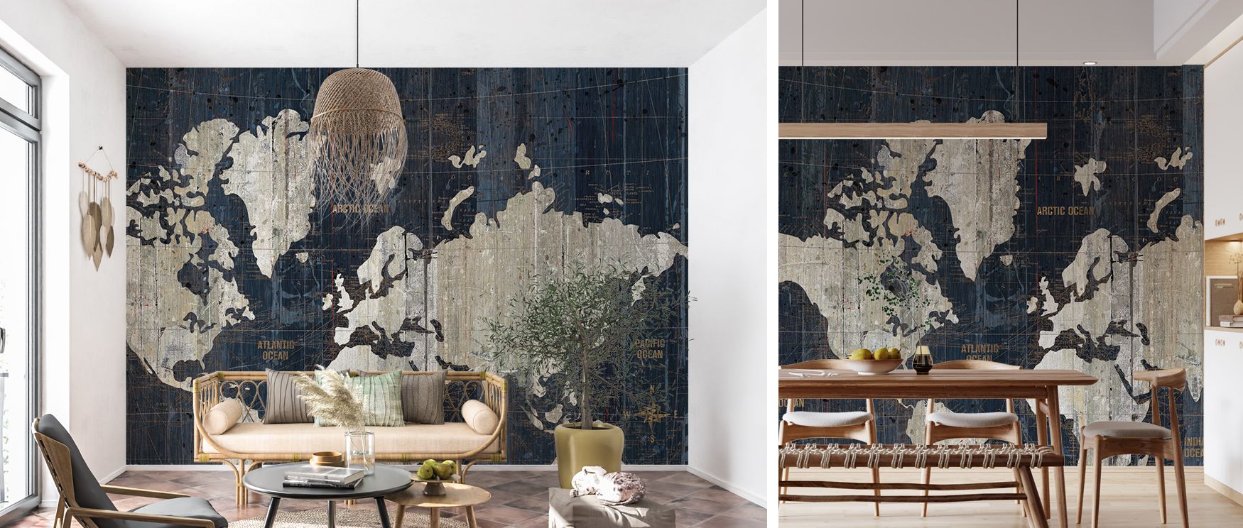 vintage map spreads across the mural, its contours and details capturing the artistry of exploration. This design transforms studies, home offices, or living areas into sophisticated sanctuaries filled with cultural rhythm, curiosity, and timeless eleganc