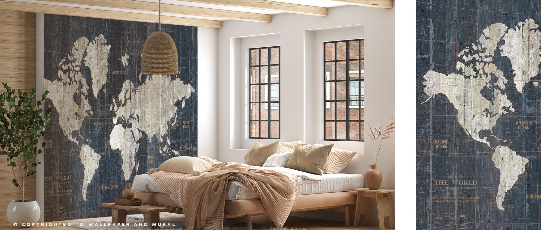 Old World Map layers cartographic artistry with vintage detail, enriching interiors with rhythm and culture. The mural creates elegant retreats, turning studies or family rooms into cultivated spaces where history and artistry coexist. 