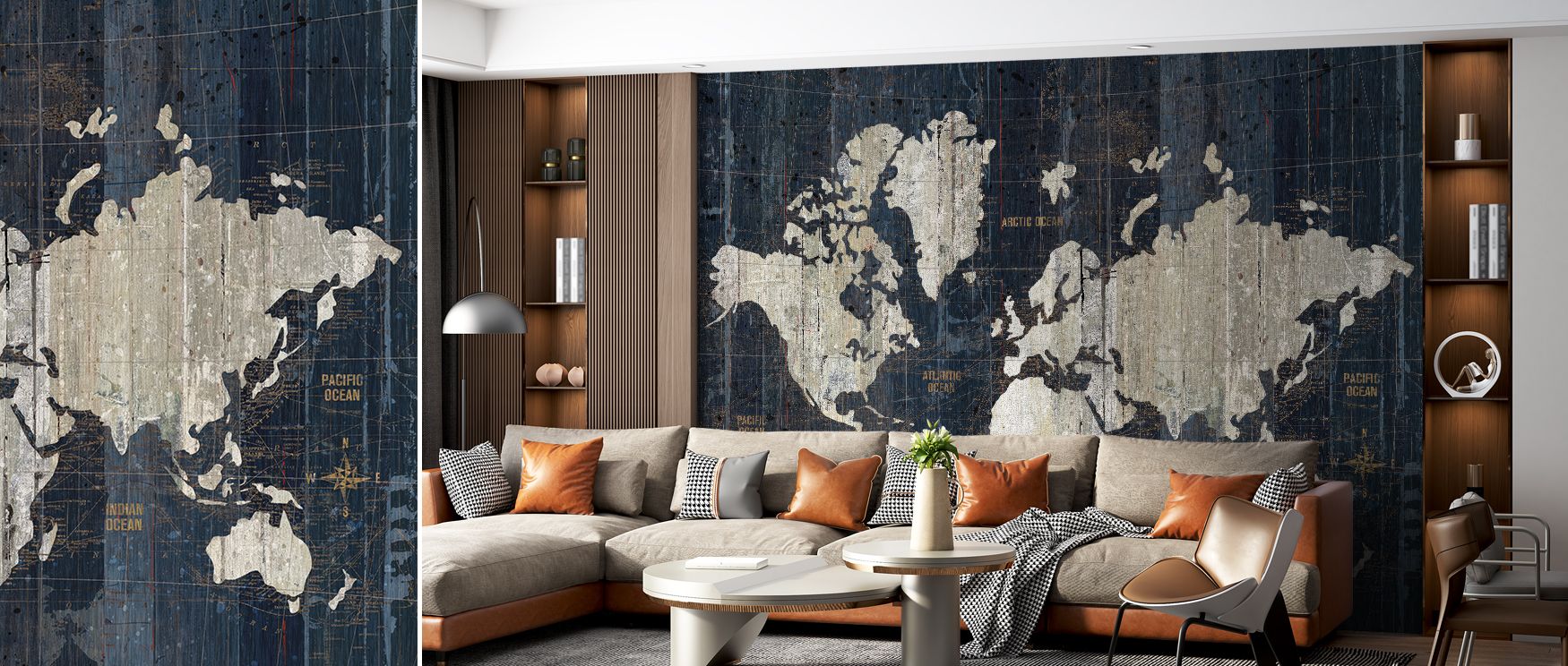 The mural radiates sophistication through cartographic imagery. Its vintage lines and shapes enrich interiors with cultural charm, making home offices or studies timeless retreats of exploration and artistry. 