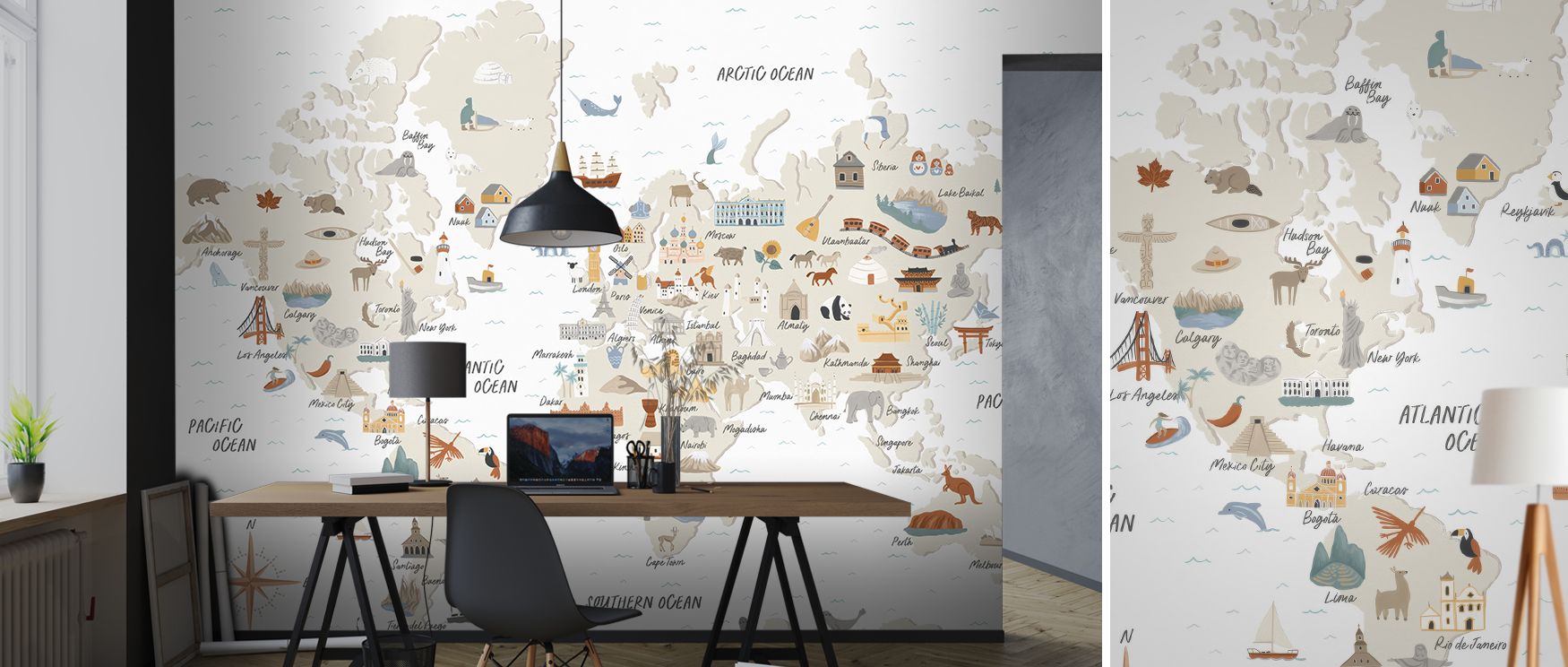 The mural radiates global charm, layering geographic details into decorative rhythm. It transforms studies, family areas, or offices into cultural sanctuaries filled with sophistication, curiosity, and cartographic artistry. Its composition makes walls me