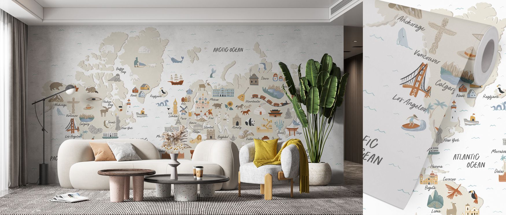 Detailed continents and cities animate the mural, creating rhythm that enriches interiors. Studies and classrooms become immersive sanctuaries filled with cultural charm, where learning, exploration, and design coexist beautifully. This mural grounds inte