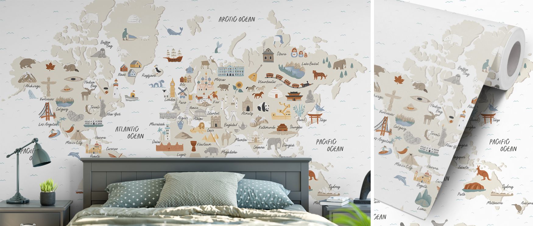 The mural spreads across walls with intricate cartographic detail, highlighting continents, borders, cities, and seas. Its rhythm enriches studies, living rooms, or classrooms, making interiors feel connected to global culture and geography. The design ba