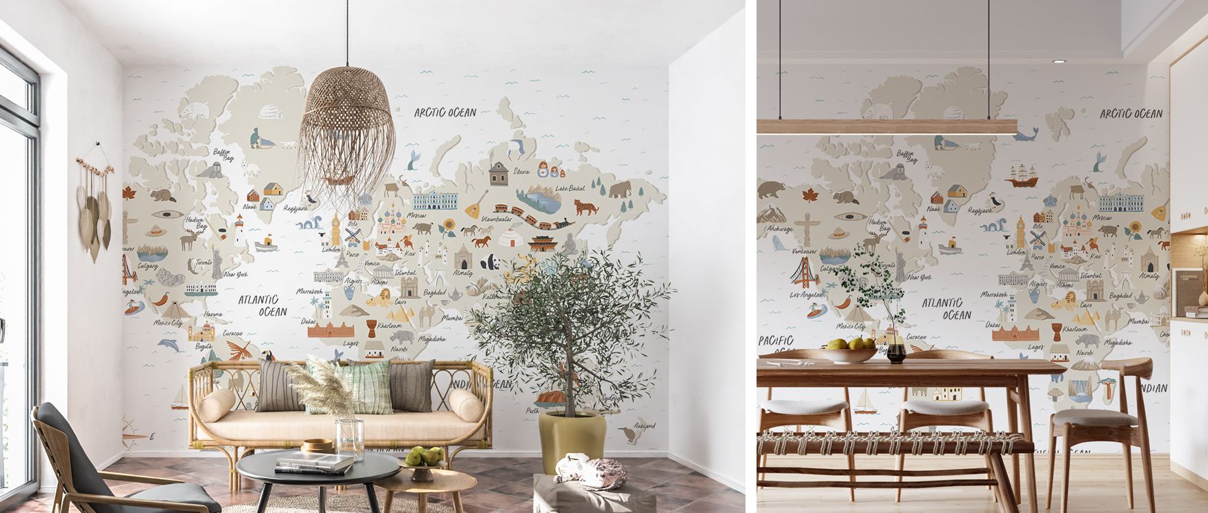The All Around The World Map balances artistry and geography, creating immersive rhythm across walls. Studies, classrooms, and family spaces thrive under its sophistication, making interiors both educational and stylish. The mural connects curiosity with 