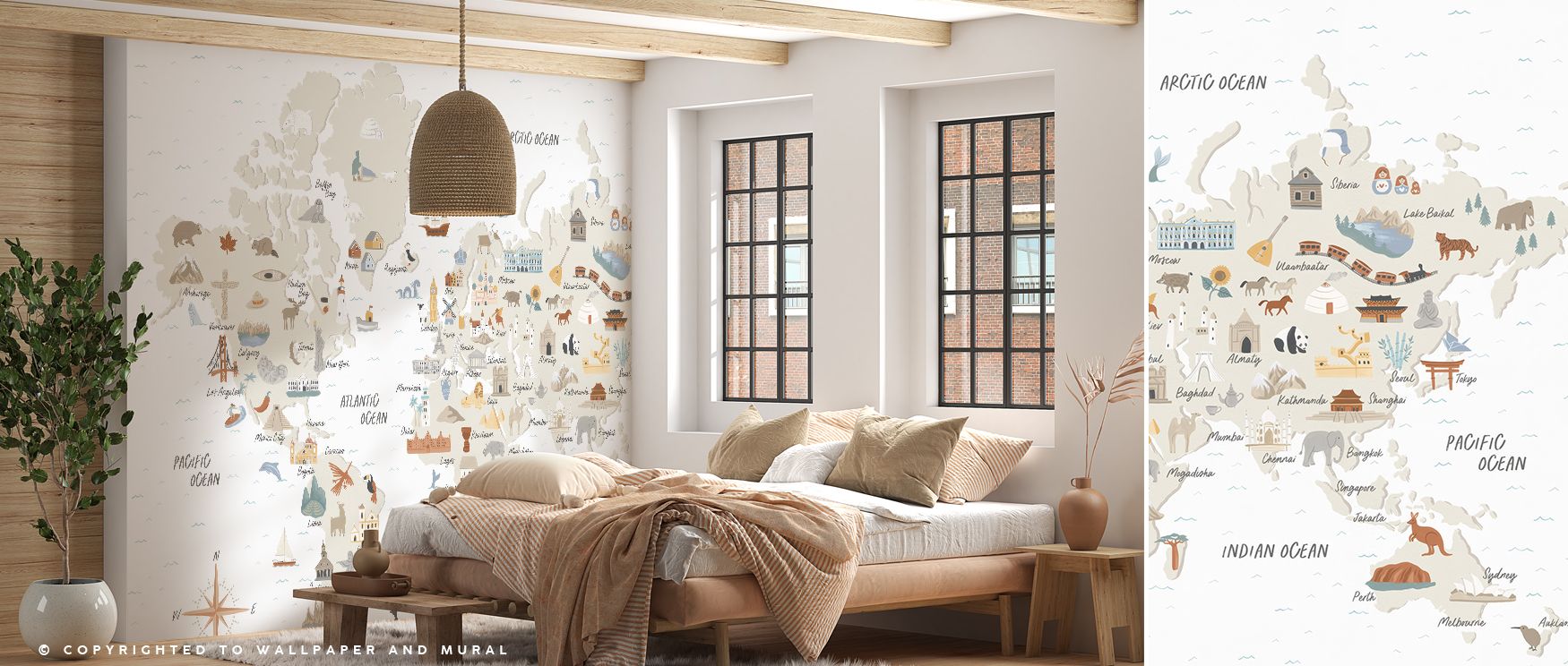 Oceans, continents, and cities form the composition, layering rhythm across walls. The mural enriches bedrooms, offices, or classrooms with curiosity, charm, and cultural depth, making interiors immersive sanctuaries of global imagination.