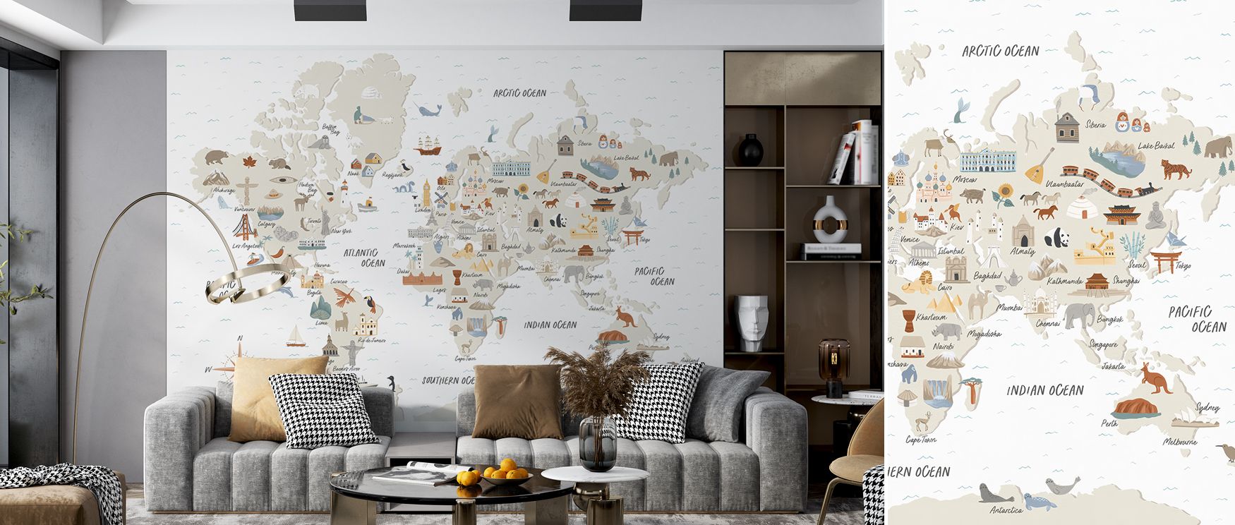 The mural enriches interiors with cartographic rhythm, transforming studies, classrooms, or living spaces into sophisticated retreats. Its design connects exploration, culture, and style, grounding walls in curiosity and decorative artistry.