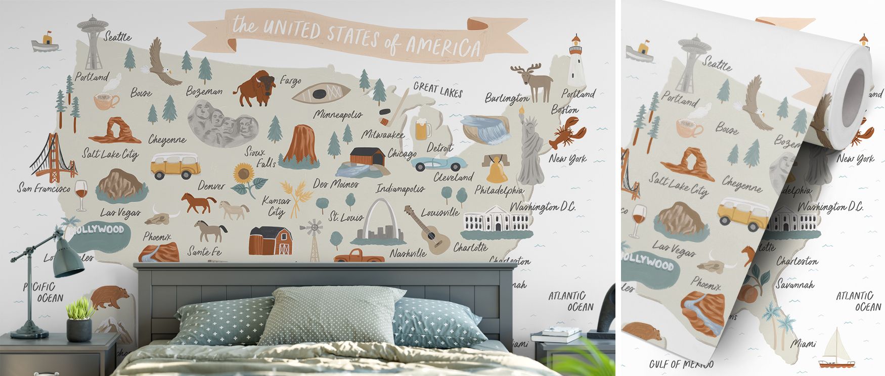 The mural balances clarity and artistry, displaying each state with careful precision. Cities appear in crisp detail, while landmarks add cultural depth. It transforms offices, classrooms, or family rooms into educational sanctuaries where curiosity and p