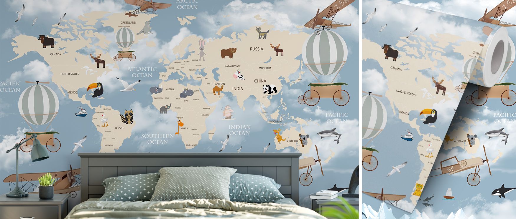 Cities and landmarks animate continents with rhythm, enriching interiors with sophistication. The mural makes studies or classrooms immersive retreats of curiosity and charm. Its artistry captures cultural rhythm, balancing discovery with decorative refin