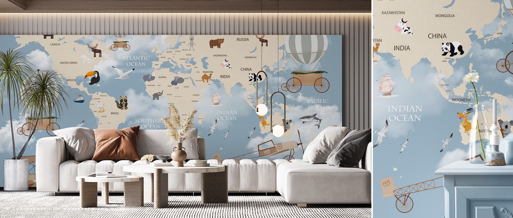 The mural layers continents and cultural icons into rhythm, transforming interiors into cultural retreats. It enriches bedrooms, offices, or classrooms with curiosity, charm, and sophistication, making walls meaningful and inspiring. 