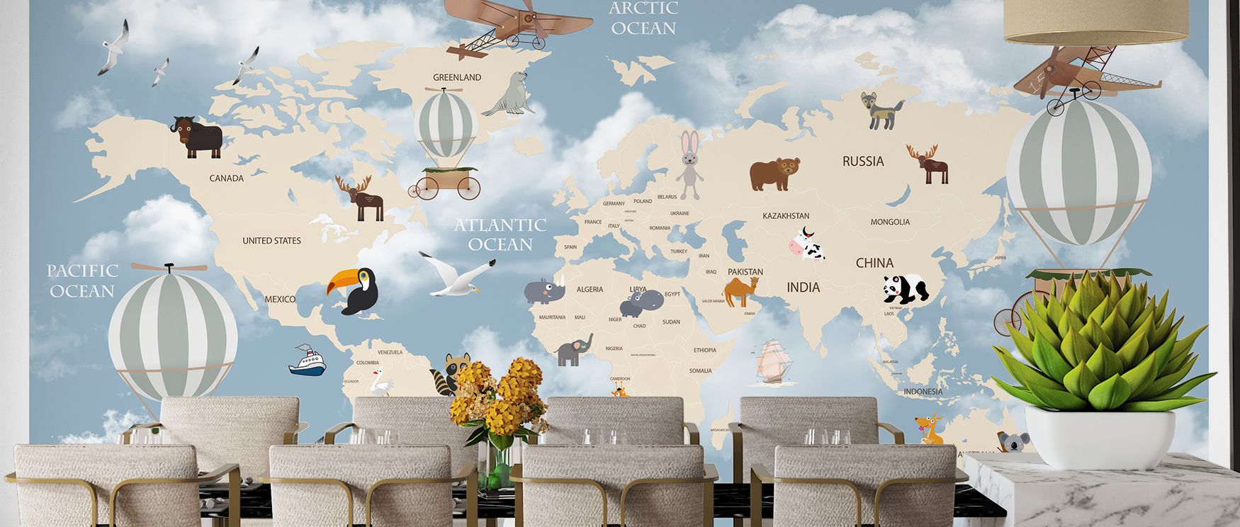 The mural celebrates exploration and artistry, transforming interiors into cultural sanctuaries. Its rhythm of continents and landmarks enriches spaces with curiosity, charm, and educational refinement.