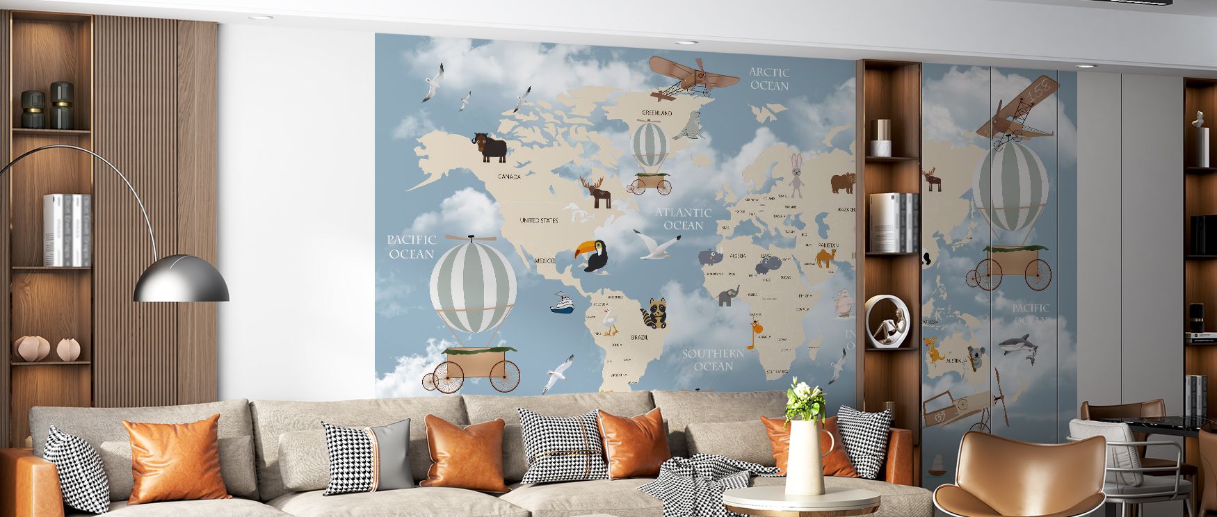 Landmarks and cities animate continents in rhythm, enriching interiors with cultural artistry. This mural turns classrooms or studies into immersive retreats filled with discovery. 