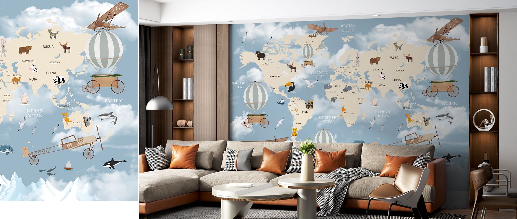 The mural layers continents and landmarks with charm, creating decorative rhythm. Interiors thrive under its balance of artistry and discovery, making studies immersive retreats. 