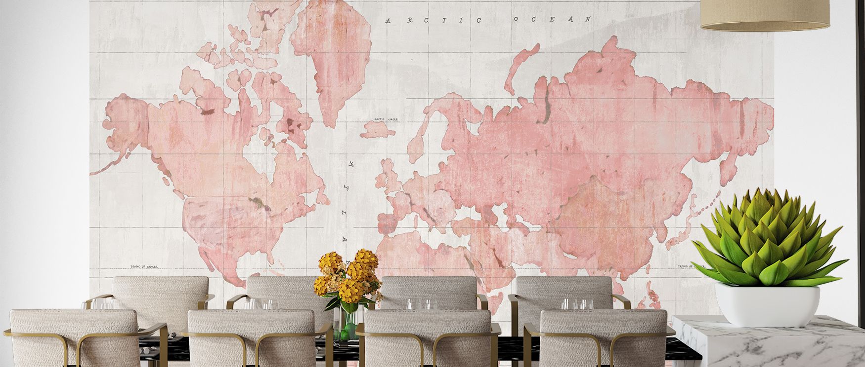 She’s Going Places radiates sophistication through pink tones and cartographic rhythm. Interiors become cultural retreats, inspiring ambition and imagination daily. 
