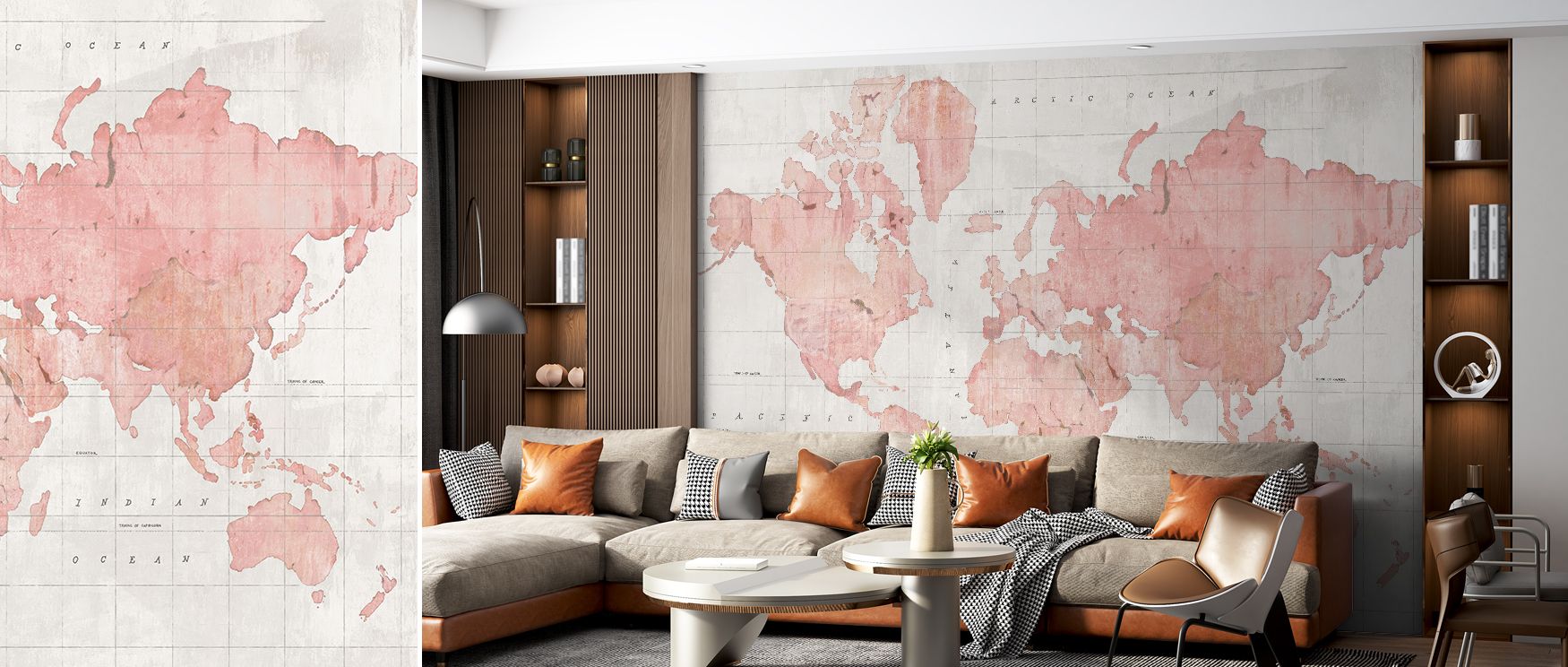 The mural layers continents and cities into stylish rhythm. Pink tones soften its detail, creating charm that enriches bedrooms or creative interiors with curiosity and dreams. 