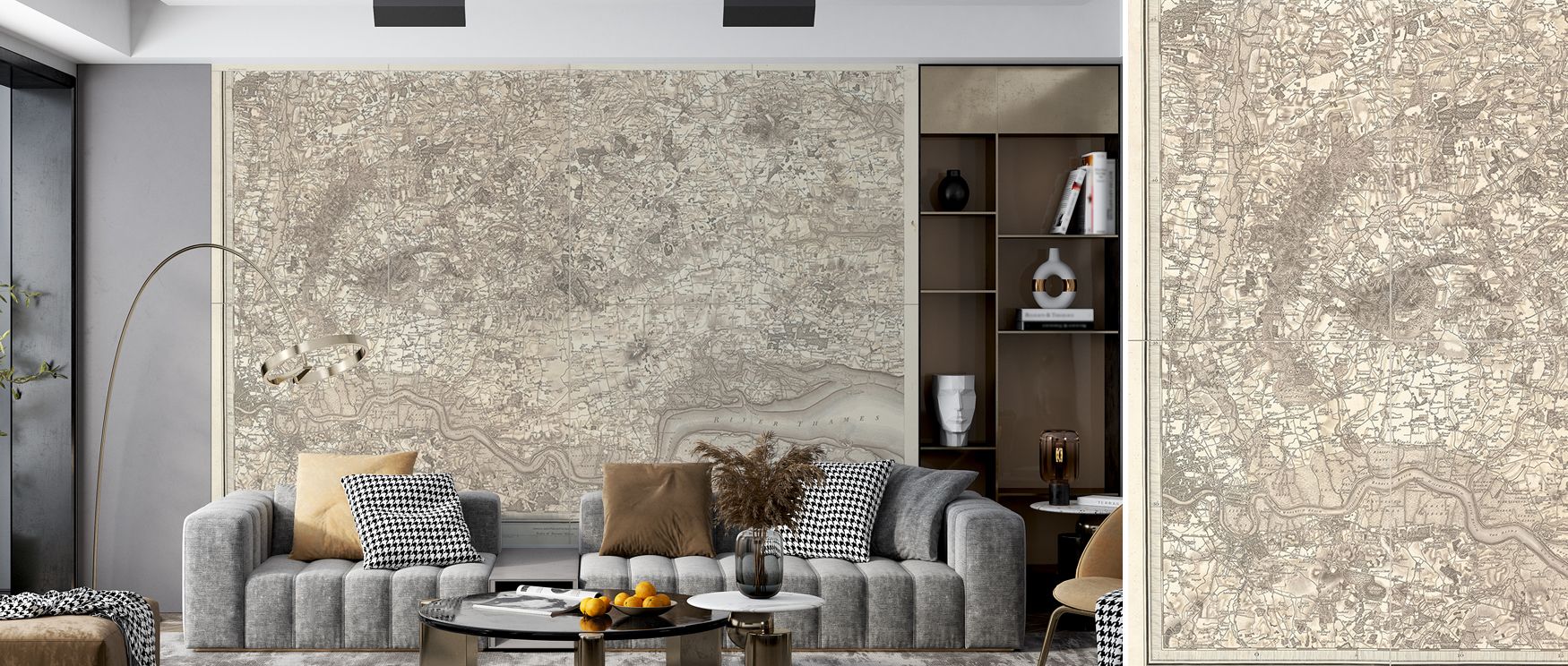 Map-inspired details animate the mural with cultural sophistication, while sustainable materials provide eco-conscious beauty. Along the River Thames enriches interiors with rhythm, making spaces stylish retreats. 