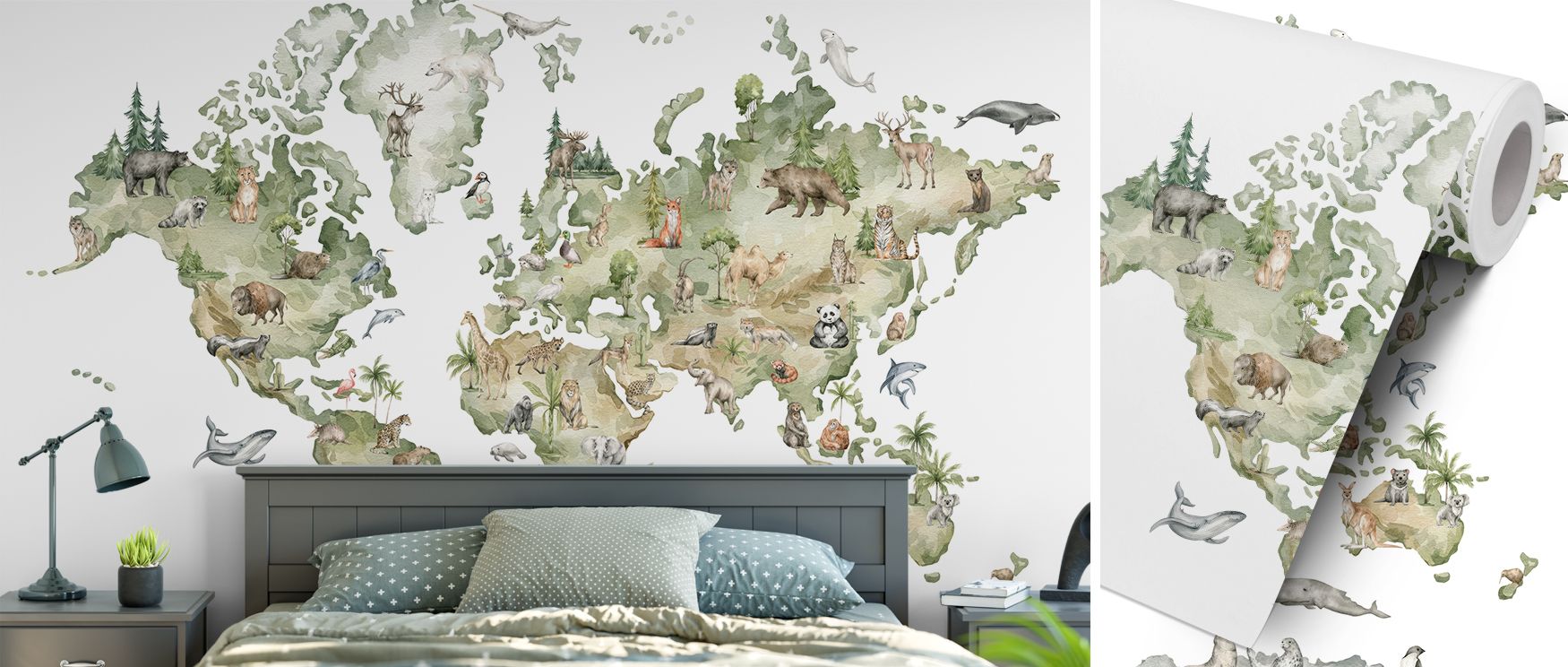 The Animals From Around the World Map Wallpaper layers continents and wildlife in rhythmic detail, creating interiors filled with curiosity and charm. Polar bears, tigers, elephants, penguins, kangaroos, and countless other species are illustrated across 