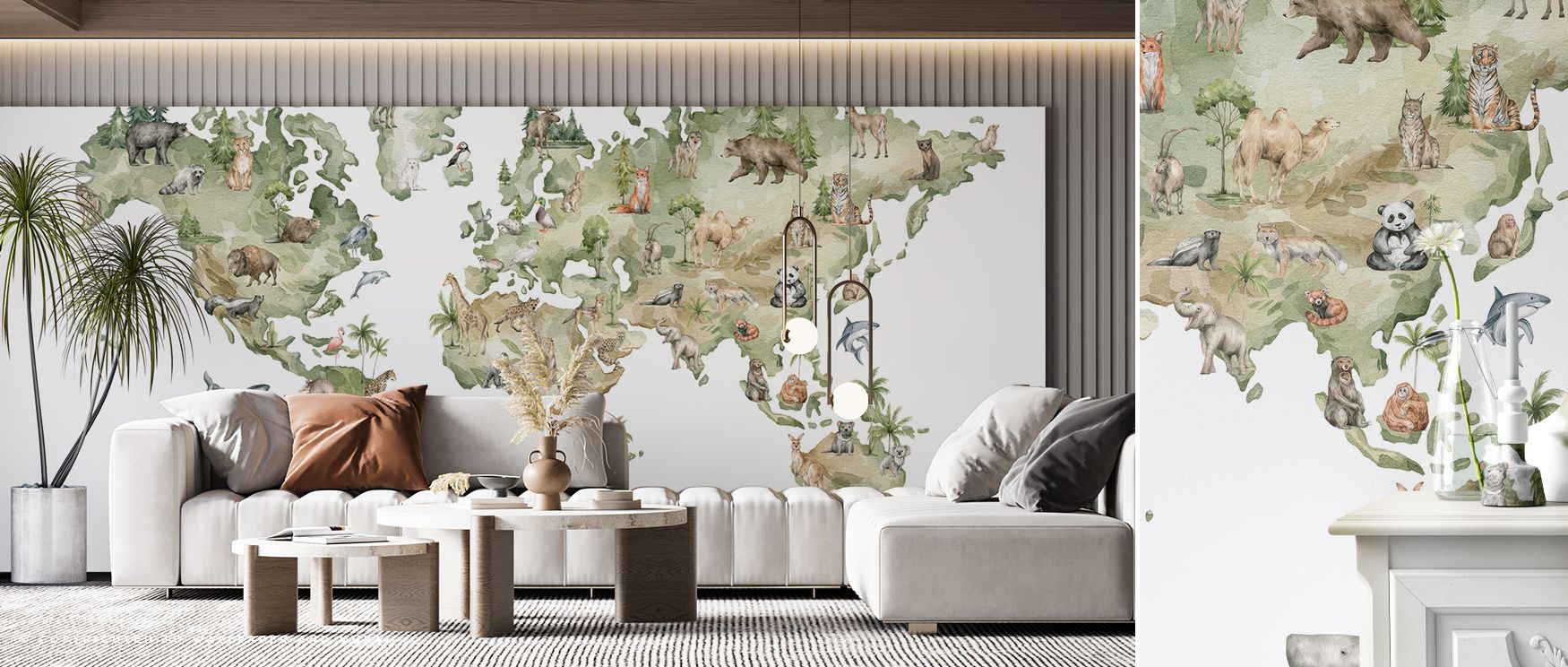The mural radiates vibrancy with animals positioned across continents in harmony with cartographic rhythm. It enriches nurseries and classrooms with curiosity, creating spaces where imagination and learning coexist daily. Its artistry grounds interiors wi
