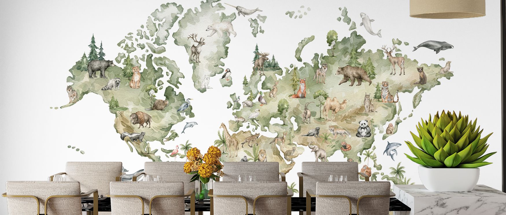 Animals from every region bring storytelling charm to the mural. Its composition enriches interiors with rhythm, turning walls into immersive adventures of discovery. 