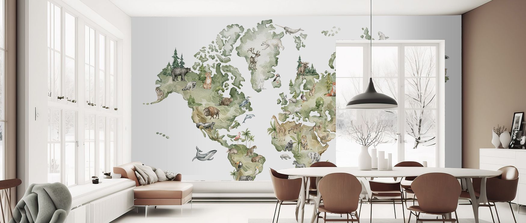 This mural radiates cultural rhythm through animals and maps, enriching interiors with balance. Nurseries, studies, or classrooms thrive in its immersive and educational artistry. 