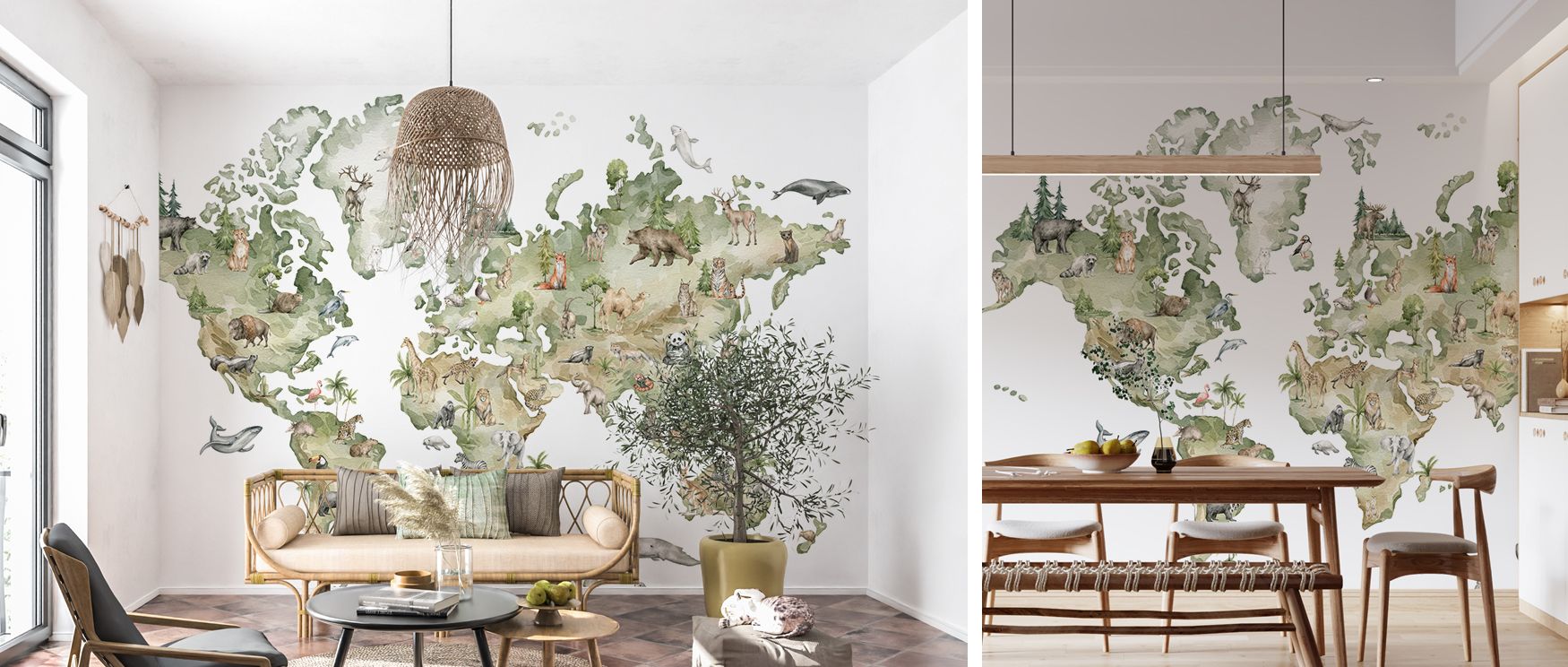 Animals across the globe animate continents in decorative rhythm, enriching interiors with cultural depth. The mural makes nurseries and classrooms immersive retreats where children’s imaginations thrive. 